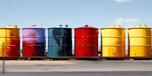 Six colorful cylindrical storage tanks aligned outdoors under a clear blue sky, each with a ladder on the side