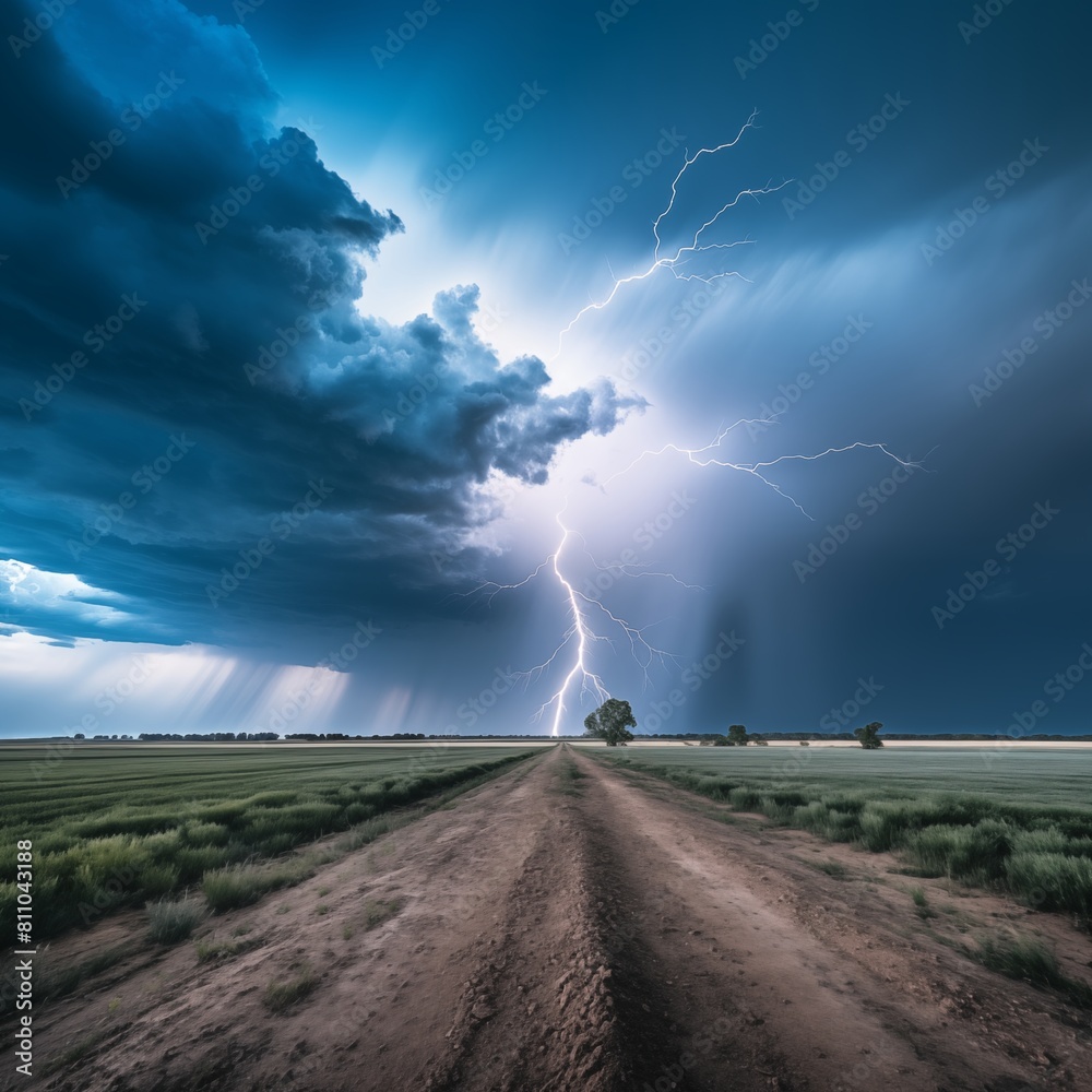 Dramatic Lightning Strike Over a Rural Dirt Road During a Thunderstorm