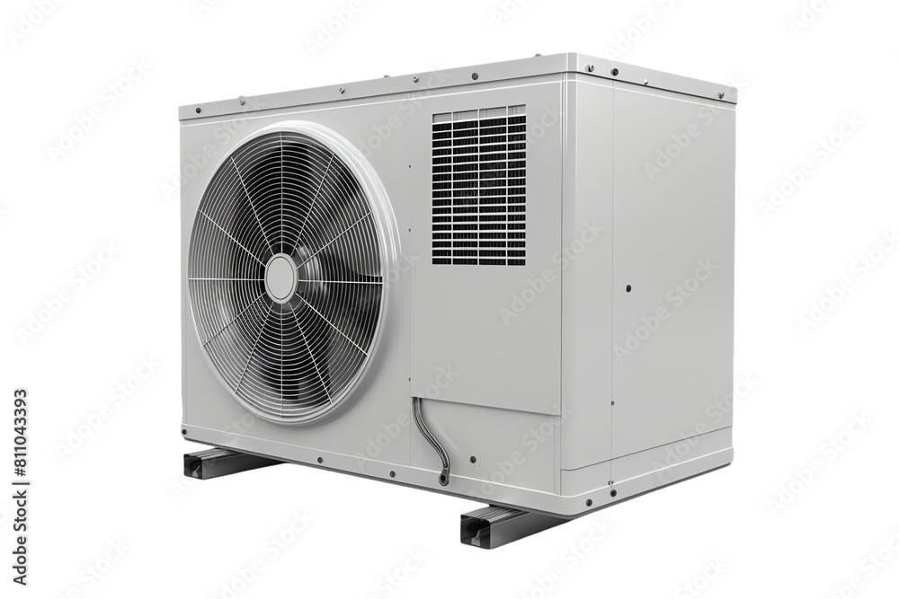 A white metal air conditioner with a fan design delivers cool air for home or business use A white metal air conditioner with a fan design delivers cool air for home or business use