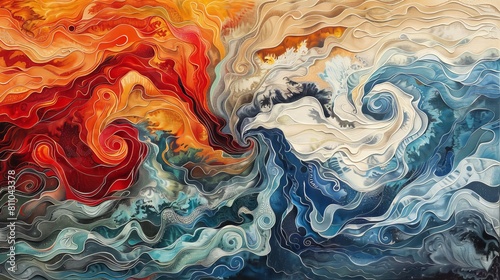 An abstract interpretation of the elements, with swirling patterns of fire, water, earth, and air converging in a harmonious dance. Each element is represented by its own unique color and texture. 