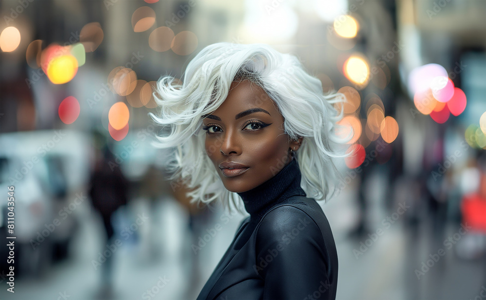 Fototapeta premium Edgy style meets fierce gaze, a Black woman strides through a city of blurred lights