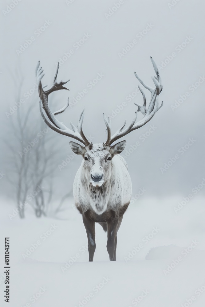 Close-Up of Frosty Reindeer with Snow-Covered Antlers in a Serene Arctic Winter Landscape Close-Up of Frosty Reindeer with Snow-Covered Antlers in a Serene Arctic Winter Landscape