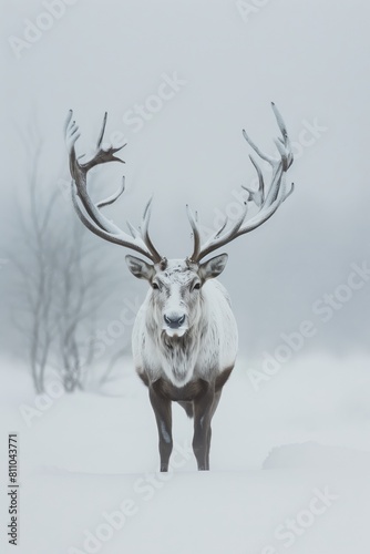 Close-Up of Frosty Reindeer with Snow-Covered Antlers in a Serene Arctic Winter Landscape