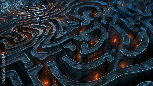 An abstract representation of the human mind, depicted as a labyrinth of interconnected pathways and chambers. 