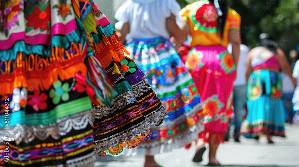 Local traditional attire featuring vibrant handcrafted skirts adorned with embroidered stripes and symbols is proudly showcased during the Corpus Christi procession