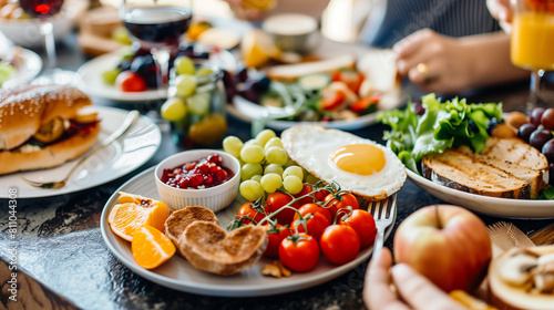 Breakfast Time Together: Warm Family Scene with Plenty of Food Choices on the Table