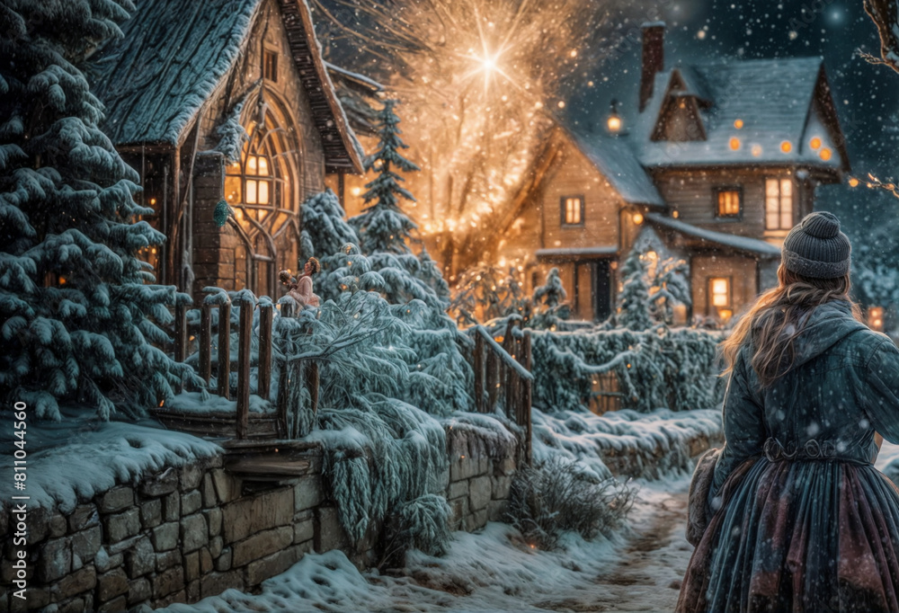 Naklejka premium Villaggio Natalizio sotto la Neve- Atmosfera Vintage, cartolina natalizia con presenza umana