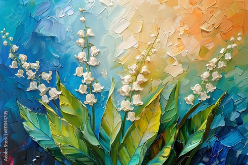 Abstract oil painting of Lily of the Valley flowers, palette knife technique, serene concept, charmingly rendered with textured strokes photo