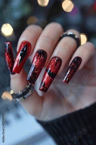 A person holding up red and black nails with a black and white design.