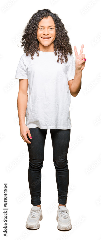 Obraz premium Young beautiful woman with curly hair wearing white t-shirt showing and pointing up with fingers number two while smiling confident and happy.