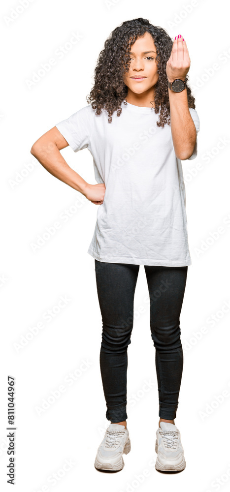 Young beautiful woman with curly hair wearing white t-shirt Doing Italian gesture with hand and fingers confident expression Young beautiful woman with curly hair wearing white t-shirt Doing Italian gesture with hand and fingers confident expression