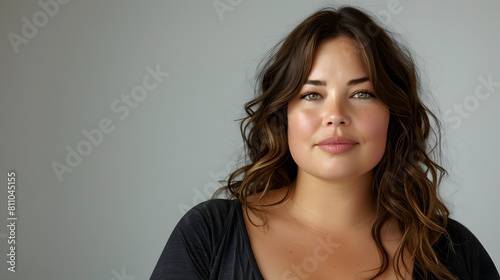 Beautiful Overweight Woman Age 30 in gym outfit looking in the camera  real skin texture