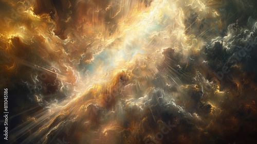 An ethereal scene depicting a celestial body surrounded by swirling clouds of light and energy. 