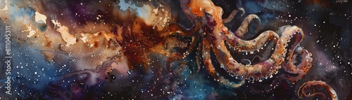 Colossal cosmic space kraken rises from the depths its many ethereal arms reaching for the celestial heavens in a dynamic surreal scene photo