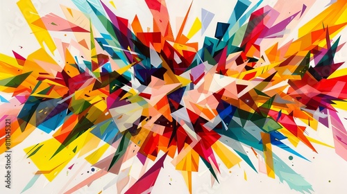 An explosion of colorful geometric shapes arranged in a chaotic yet harmonious composition. 