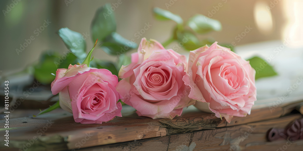 Fresh pink rose flowers lay on a carved wooden coffin. Ritual services, organization of funeral ceremony. Fresh pink rose flowers lay on a carved wooden coffin. Ritual services, organization of funeral ceremony.