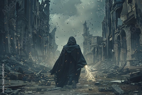 Cloaked Geomancer Traversing the Ruined City Crackling Energy Emanating from Hands in Dramatic Lighting