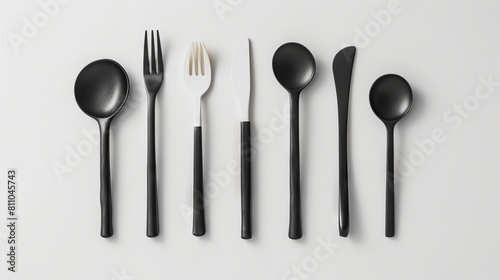 A set of black forks and spoons on a white surface.