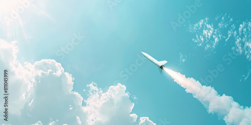 Сloseup combat missile flies in the air on background of sky and clouds, copy space. Missile attack, air attack, war, missile strike.