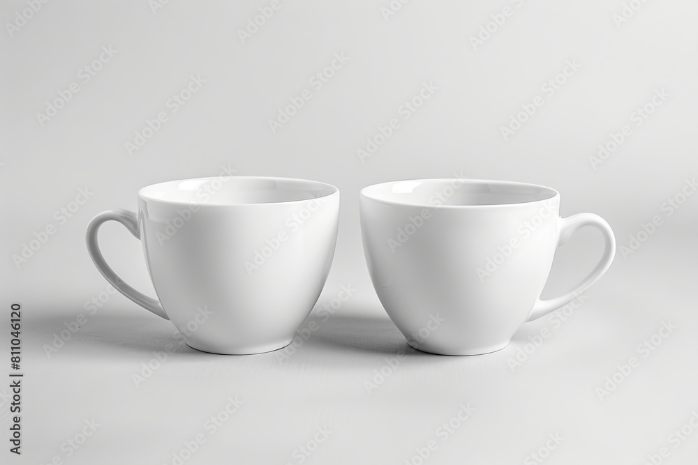 Two white coffee cups on a gray background. Two white coffee cups on a gray background.