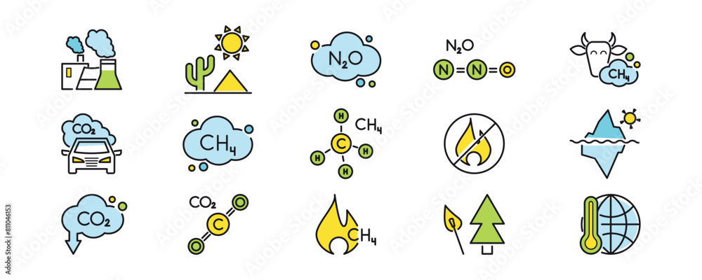 Greenhouse gases: methane ch4, carbon dioxide, n2o color icon set. Deforestation, glacial melt, burn, toxic, fire, incineration, cow, leaks, formula, molecule, cloud. Vector illustration