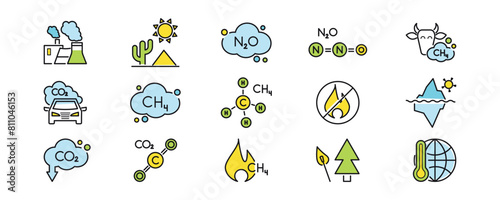 Greenhouse gases: methane ch4, carbon dioxide, n2o color icon set. Deforestation, glacial melt, burn, toxic, fire, incineration, cow, leaks, formula, molecule, cloud. Vector illustration