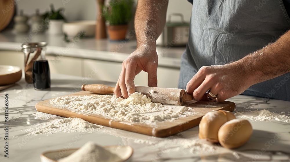 A man is preparing flour on a cutting board.