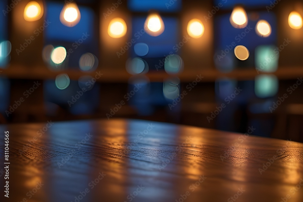 Wooden table in front of abstract blurred background of colorful restaurant lights. Generative AI 