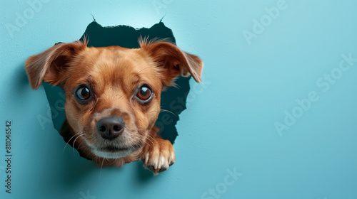 small dog puppy sticking head to a hole in the wall photo