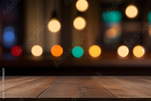 Wooden table in front of abstract blurred background of colorful restaurant lights. Generative AI 