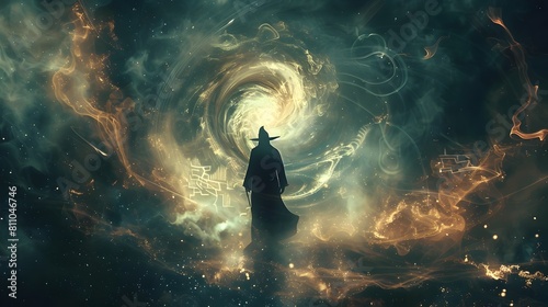 Mystical Summoner Silhouette Surrounded by Swirling Cosmic Energy and Abstract Glyphs in Dramatic Moody Digital Painting