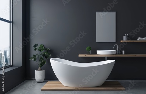 Modern bathroom with gray walls, a freestanding bathtub and floating shelf, a white sink and mirror above it