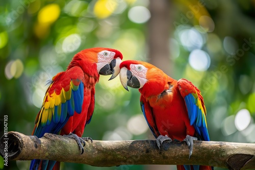 Two scarlet macaws are facing each other on a branch in a vibrant display of colors. photo