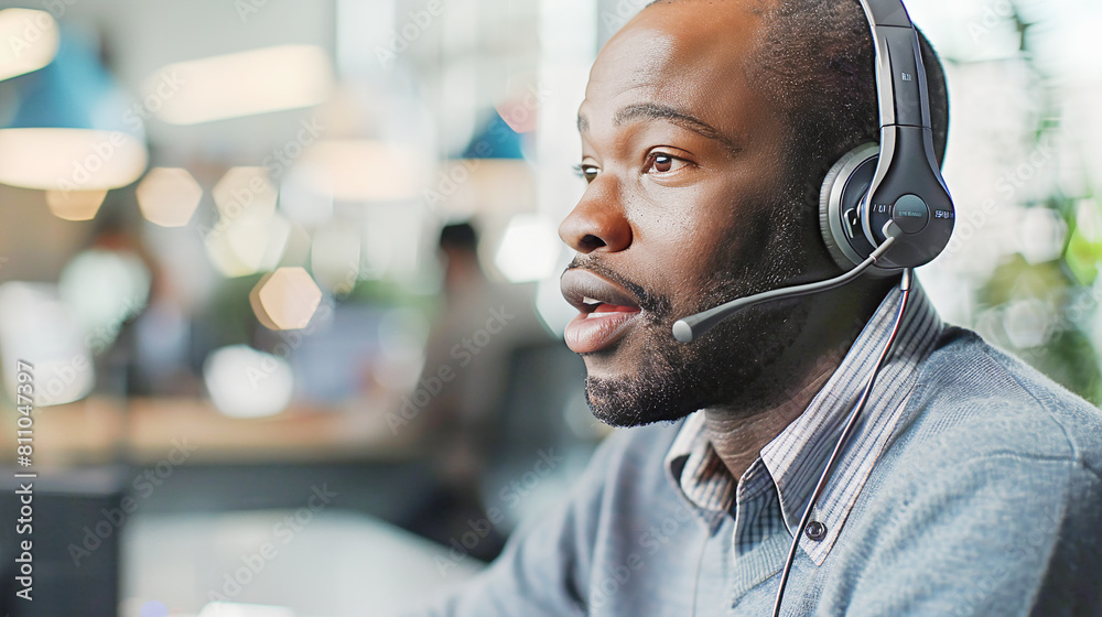 Young Black man customer support operator with headset sitting at the desk in front of a monitor talking messaging with client. Online global technical support technology business concept Young Black man customer support operator with headset sitting at the desk in front of a monitor talking messaging with client. Online global technical support technology business concept