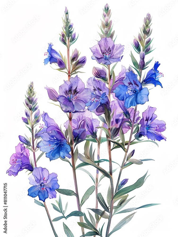 Fototapeta premium Pastel watercolor illustration of Larkspur, hand drawn, conveying a tranquil nature theme, on white background
