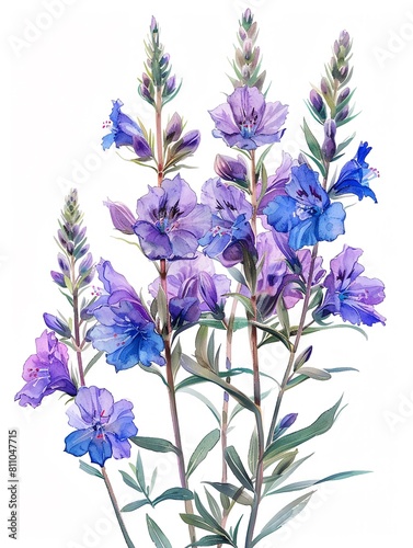 Pastel watercolor illustration of Larkspur  hand drawn  conveying a tranquil nature theme  on white background