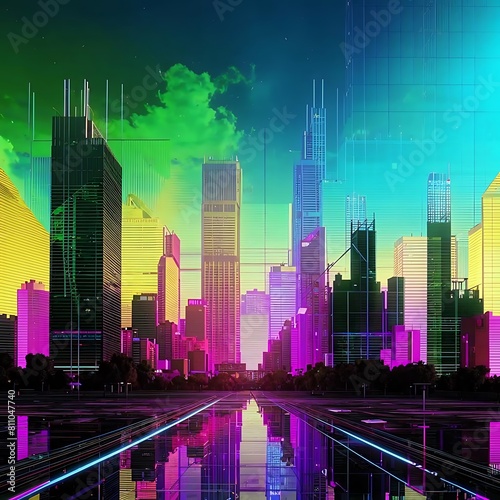 Abstract urban background with skyscrapers and neon lights. Vector illustration.