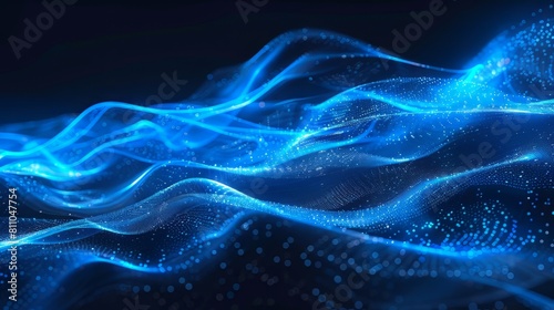 Blue and black abstract digital wave with glowing particles. © Mrzproducer
