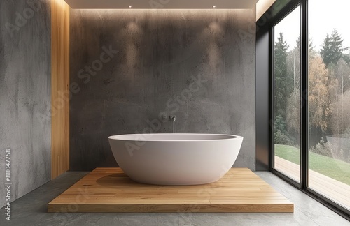 Modern bathroom with gray walls  wooden floor and bathtub in the center of the room. A large window on the right side shows an outside view