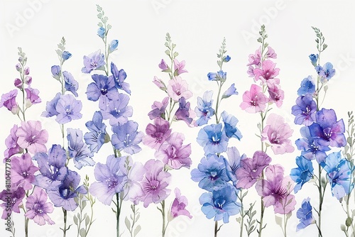 Soft and serene, hand drawn pastel watercolor of Larkspur flowers, set against a pristine white background