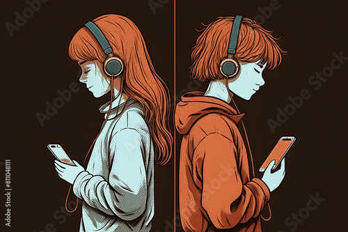Gadget addiction. Teens in headphones standing back to back not noticing each other