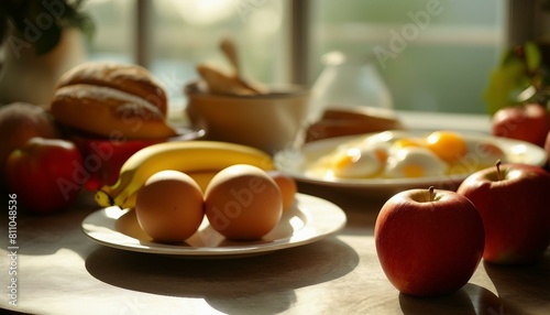 A table displays apples, bananas, eggs on a plate, and bread, evoking a breakfast spread. photo
