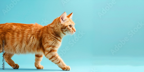 adult orange tabby cat walking on blue pastel background,