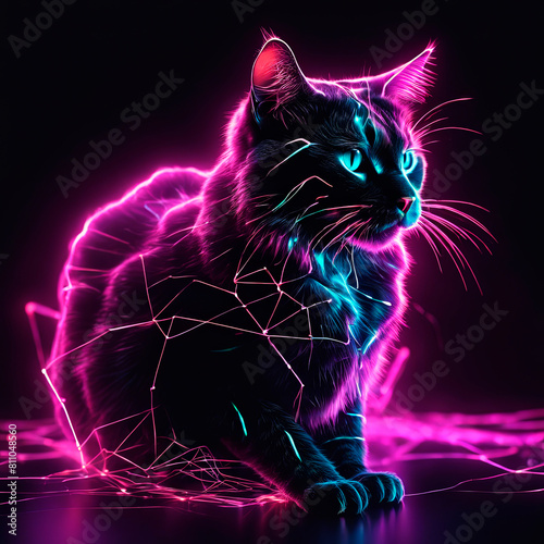 A tangle of feline animals on a neon black background of digital particles. photo