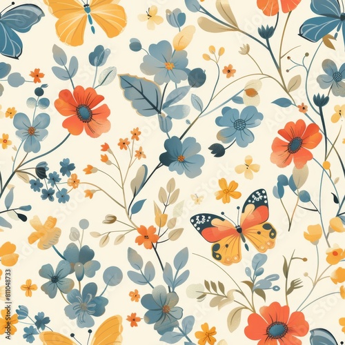 watercolor pattern of butterflies and flowers. ai generated