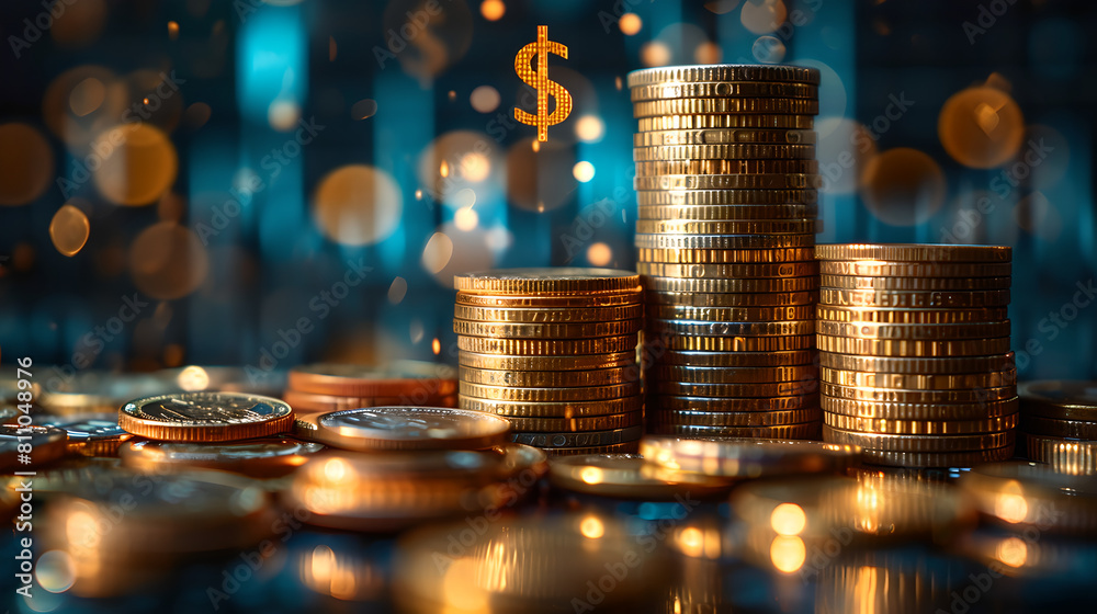 Golden Coin Towers with Digital Dollar Symbol, Financial Success, Generative AI Golden Coin Towers with Digital Dollar Symbol, Financial Success, Generative AI