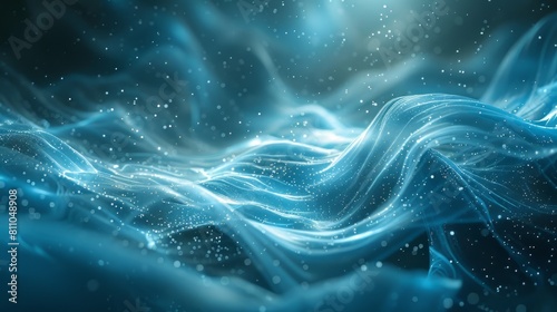 Blue and teal glowing and flowing energy waves with particles