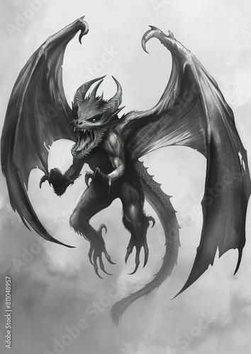 a tiny screaming devil with wings and a long tail, dnd monster art style photo