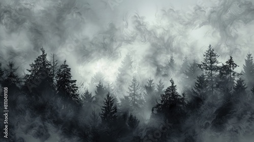 The forest stood against a backdrop of a cloudy sky painted in shades of grey
