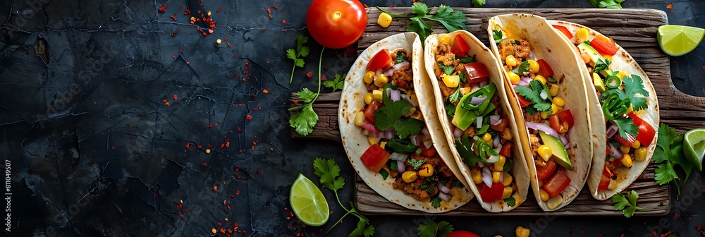 Fresh Breakfast tacos with salsa verde, realistic food banner, top view with copy space